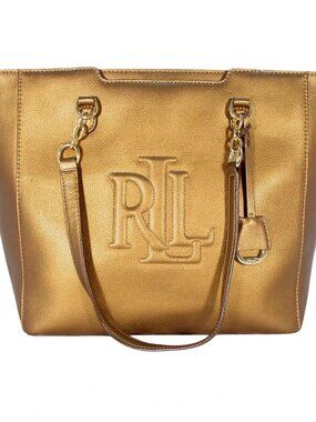 RLL Lauren Ralph Lauren Large Metallic Bronze Gold Leather Zip Tote Bag